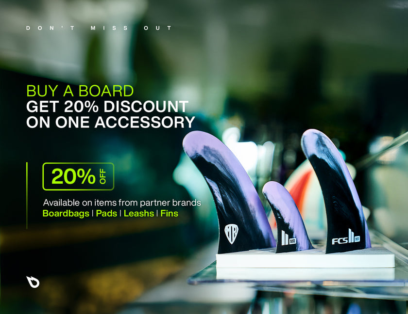 DON’T MISS OUT: LEASHES, FINS, PADS, BOARDBAGS… 20% OFF!